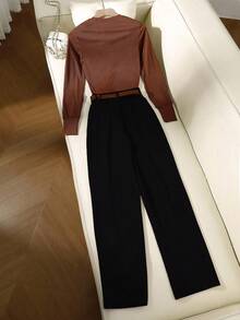 SHEIN Franclia 2pcs Women's Fashionable Casual High-Quality Ribbed Top And Solid Color Pants Set, Spring/Autumn - Multicolor - View 2