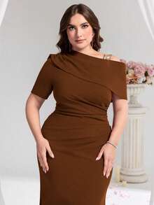 Coutiva Plus Size Solid Color Minimalist Formal Evening Gown - Khaki - View 4