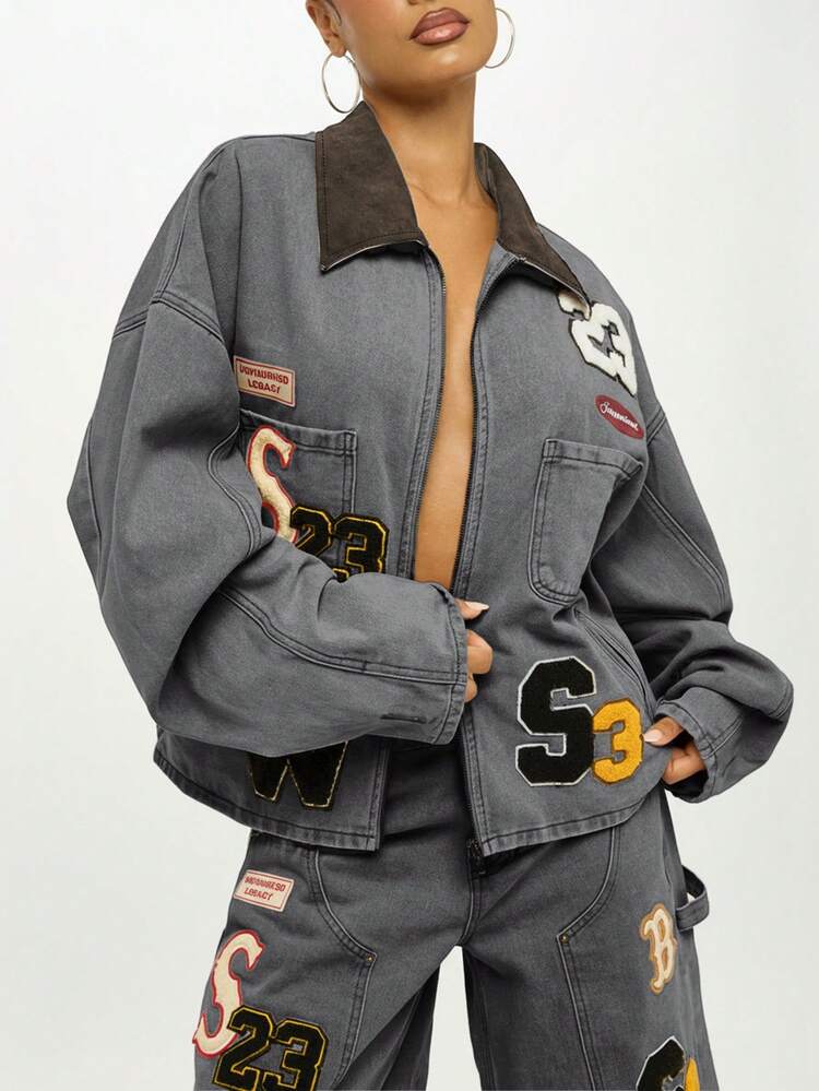 SUMWON Giacca da carpentiere in denim oversize con dettagli di patch e colletto a contrasto per strati autunnali e invernali