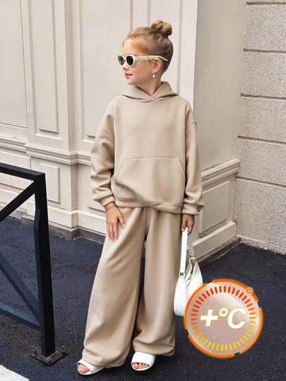 SHEIN Serisse Kids Set de 2 piezas de sudadera con capucha y pantalones caqui gruesos para niñas preadolescentes, conjunto deportivo casual para niñas para otoño/invierno