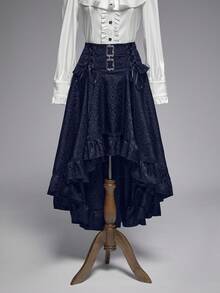 ROMWE Goth Women's Vintage Palace Dark High Waist A-Line Jacquard Patterned Front Short Back Long Skirt - Navy Blue - View 5