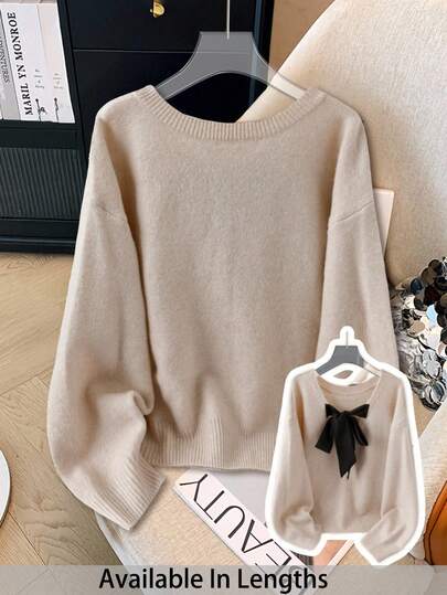 SHEIN PETITE CURVE 大码休闲V领蝴蝶结露背宽松套头毛衣，女士秋季服装