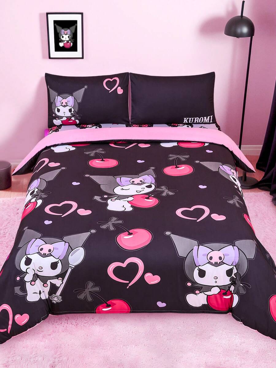 HELLO KITTY AND FRIENDS | SHEIN 三件套可爱卡通樱桃印花被套,底布材质,柔软保暖,粉色被套,多种尺寸可选,适用于单人床/双人床/大号床/特大号床 - 彩色 - 查看 1