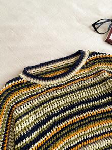 Elamini Casual Versatile Crew Neck Colorblock Striped Sweater