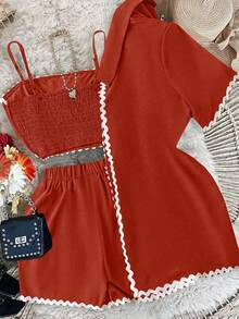 GlowEve 3pcs Women Summer Casual Strap Top, Shorts And Shirt Set - Burnt Orange - View 2