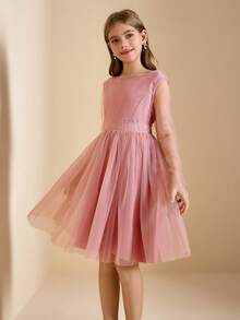 Tween Girl Solid Color Round Neck Mesh Patchwork Long Sleeve Party Dress - Dusty Pink - View 6