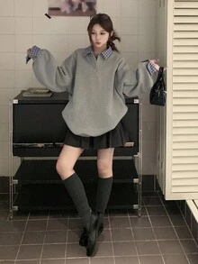 DAZY 女式格子拼接休闲长袖运动衫秋冬 - 灰色 - 查看 3