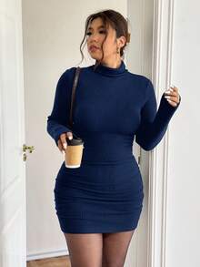 Lounesse 大码女式高领纹理面料黑色紧身长袖连衣裙，百搭针织连衣裙，适合日常穿着和通勤，秋冬 - 寶藍色 - 查看 5