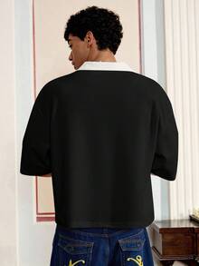 SWAVVY 男士汉字印花短袖休闲通勤Polo衫 - 黑色 - 查看 2