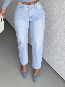 Alexandranx High Waist Mom Fit Jeans,Ladies Casual Button,Pocket,Zipper High Waist Tapered/Carrot Long Medium Wash Cotton Mom Fit Regular Fit Women Jeans,Spring/Fall,Casual Daily Wear ,Petite Women - Medium Wash - View 5