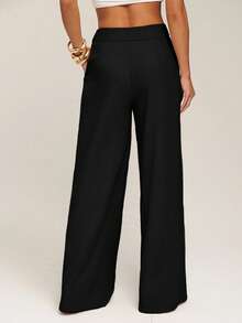 Silquee Women's Solid Color Straight Leg Pleated Pocket Loose Casual Pants Black Palazzo Pants Wide Leg Pants Loose Pants Black Dress Pants,Fall - Black - View 2
