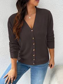 CosyJoli Plus Size Women Casual Solid Color All-Match Cardigan Brown Blouses For Women Coffee Brown Top Dark Brown Top/Winter