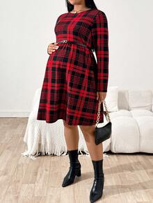 SHEIN 大码孕妇红黑格子圆领长袖连衣裙