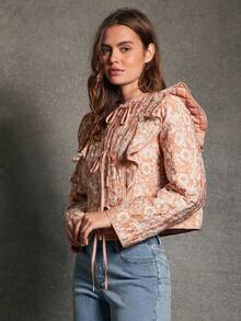 WESTFADE Round Neck Bow Tie Front Contrast Trim Ruffle Shoulder Long Sleeve Boxy Fit Paisley Floral Print Puffer Jacket Fall, Autumn, Winter, Casual, Boho - Brown - View 3