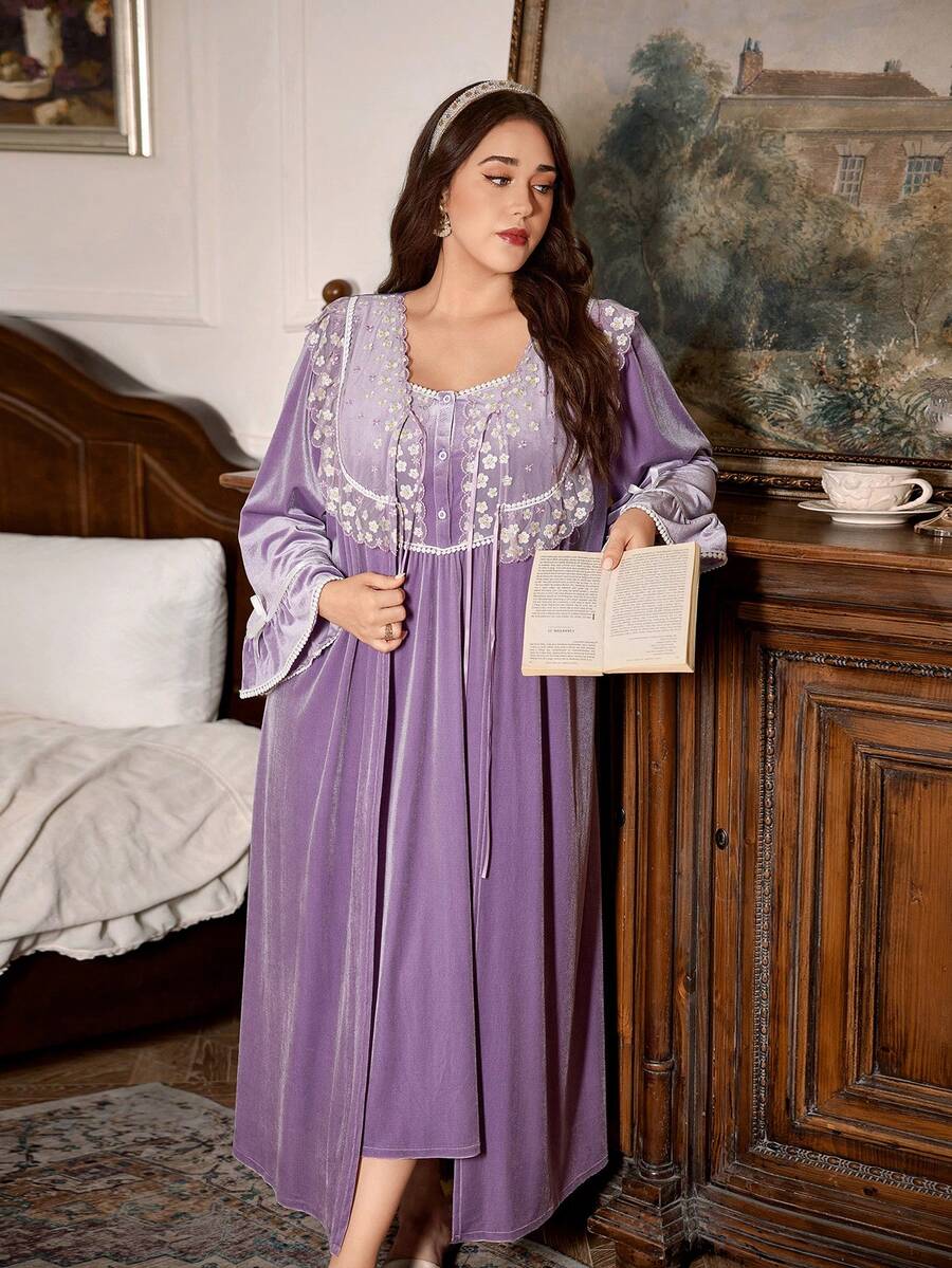 PalaceNights Ensemble de robe de chambre et chemise de nuit en velours de style palais vintage avec patchwork et broderie florale, grande taille, automne/hiver - Prune - Voir 1