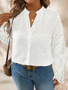 SHEIN Plus Size Women Fashion Elegant Casual Mesh Embroidered Blouse - White - View 3