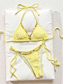Swim SXY Đồ bơi SXY-D vải jacquard trơn màu dây buộc dây rút đá giả trang trí gợi cảm đồ bơi bikini bãi biển cho nữ - Màu vàng - Xem 5