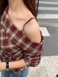 DAZY 1件装 女士不对称肩带长袖女式衬衫 - 棕色 - 查看 8