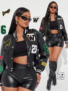 Radiana Áo khoác bóng chày màu tương phản độc đáo thiết kế kiểu Mỹ mới cho mùa thu dành cho nữ, áo khoác ngoài rộng rãi có thêu và da PU - màu đen - Xem 1