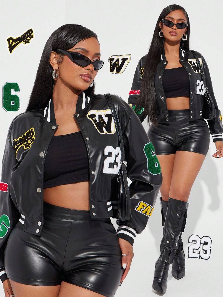 Radiana Áo khoác bóng chày màu tương phản độc đáo thiết kế kiểu Mỹ mới cho mùa thu dành cho nữ, áo khoác ngoài rộng rãi có thêu và da PU - màu đen - Xem 1