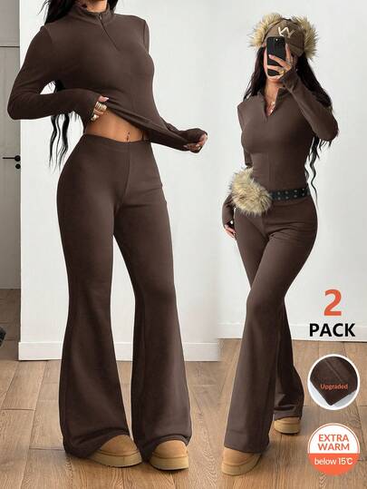Coolane Women's Fall/Winter Streetwear Casual Athleisure Ski Wear  Basic Minimalist Knit Warm/ Cold Weather/ Thermal Quarter Zip French Brown Slim Fit Long Sleeve High Neck T-Shirt And Flare Pants Two Pieces Outfits With Fleece