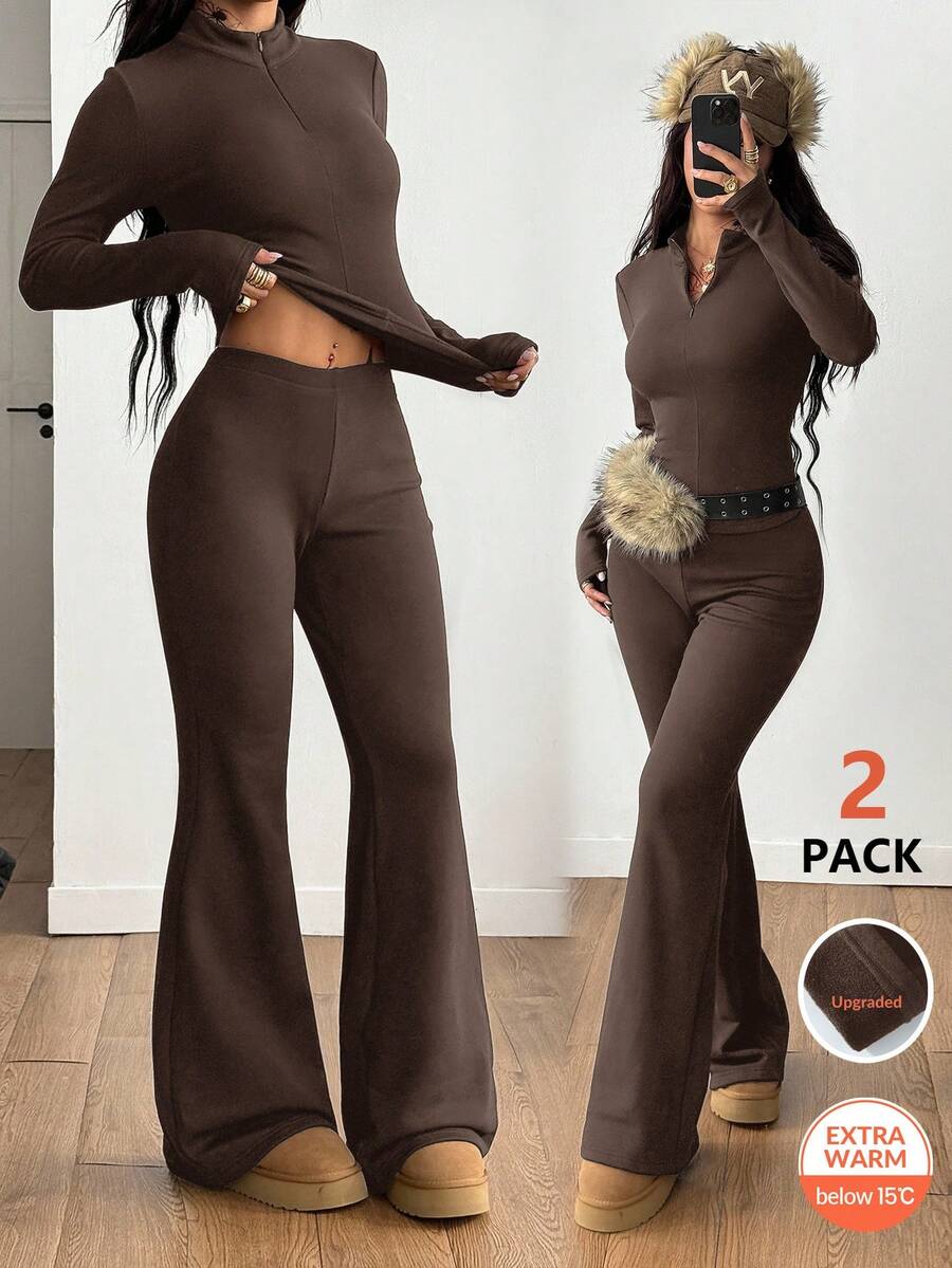 Coolane Women's Fall/Winter Streetwear Casual Athleisure Ski Wear  Basic Minimalist Knit Warm/ Cold Weather/ Thermal Quarter Zip French Brown Slim Fit Long Sleeve High Neck T-Shirt And Flare Pants Two Pieces Outfits With Fleece - Brown - View 1