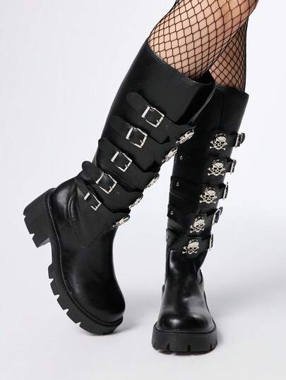 Women's Black Closed Toe Low Heel Buckle Motorcycle Boots, Riding Boots, Slip-On Boots, Leather Dress Boots, Rock Punk Boots, Thigh High Boots