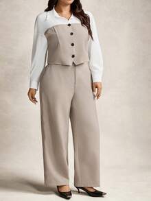 Zelara White,Autumn,Elegant,Formal Plus Size Color Block Long Sleeve Button Front Shirt And Pants 2 Pieces Set Women's Business Casual Commuter Work Attire - Black - View 4
