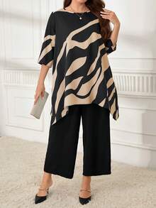 Miaspire 2 件加大时尚奶奶秋装 Curvethanksgiving 女士服装尺码休闲撞色不对称下摆上衣和裤子套装，秋季 - 卡其色 - 查看 3