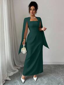 Elenzga Váy suông thẳng cổ vuông thanh lịch dành cho nữ, thắt eo, đính chuỗi ngọc trai ở cổ tay áo, thích hợp cho đám cưới, tiệc tùng, lễ hội âm nhạc - Màu xanh lá cây đậm - Xem 6