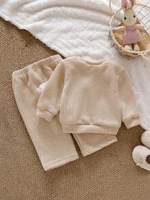 SHEIN Baby Girl Bow Decor Round Neck Long Sleeve T-Shirt And Pants Casual Outfit - Brown - View 2