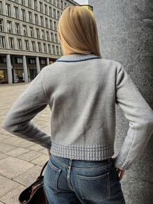 Vivie Lora Women's Loose Fit Contrast Color Cardigan - Grey - View 3