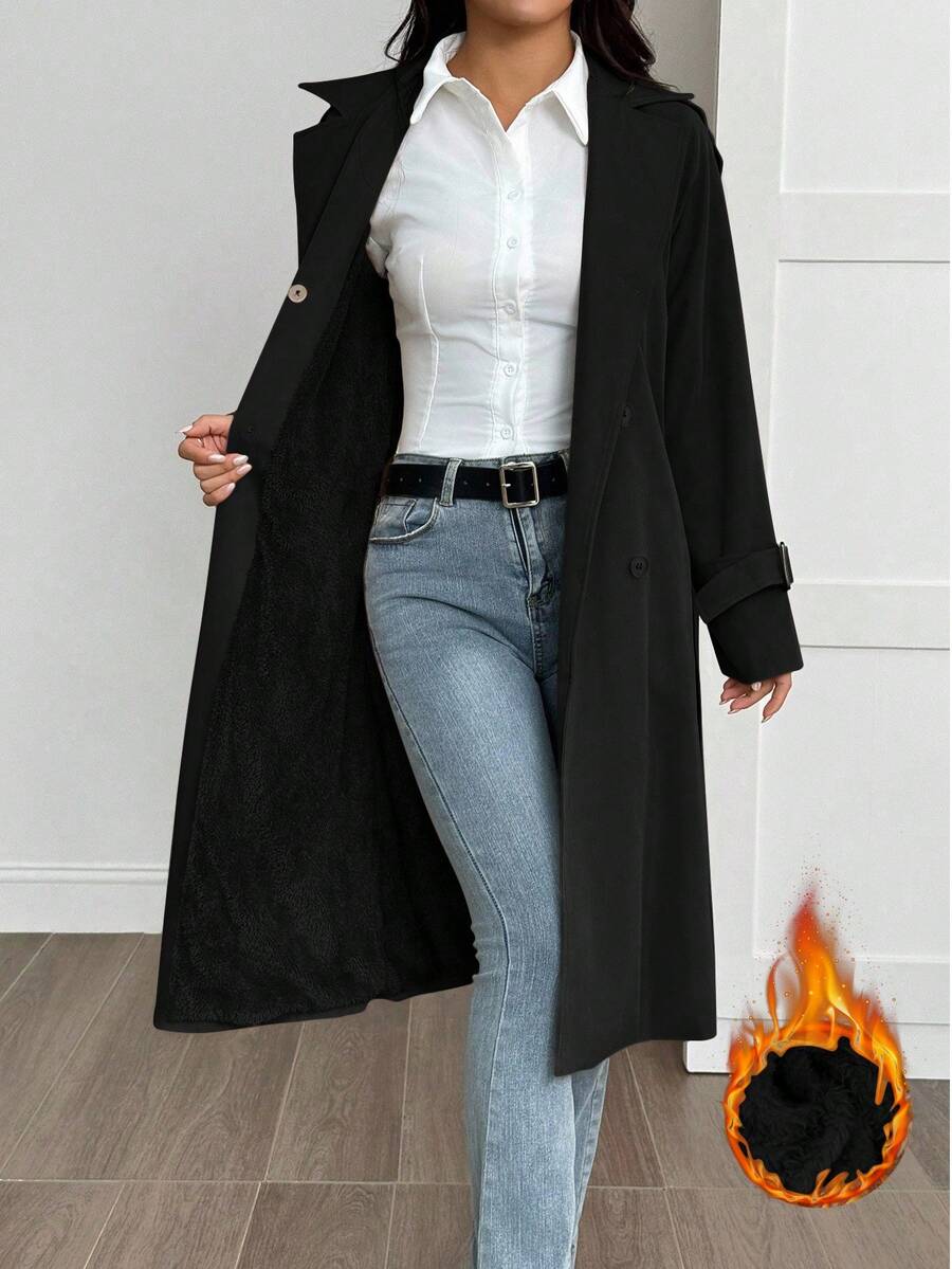 SHEIN PETITE 女士休闲日常通勤简约纯色保暖风衣，秋冬款 - 黑色 - 查看 1