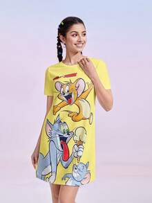 TOM & JERRY X SHEIN 女士可爱卡通印花短袖睡衣连衣裙，休闲夏季款，哞哞睡裙 - 黃色 - 查看 7