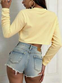 EMERY ROSE Camiseta de cuello redondo de manga larga para mujer, suelta y cómoda, estilo básico para otoño e invierno - Amarillo - View 2