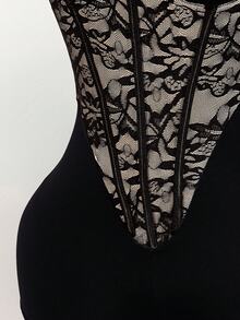 Amplova Plus Size Sexy Lace Patchwork Bustier Bodysuit - Black - View 6