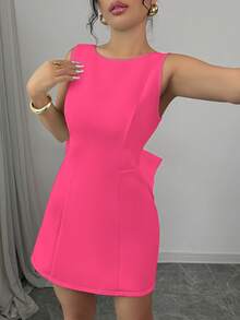 Elenzga 女士优雅无袖迷你连衣裙，背部采用超大蝴蝶结设计，圆领派对 - 玫紅色 - 查看 6