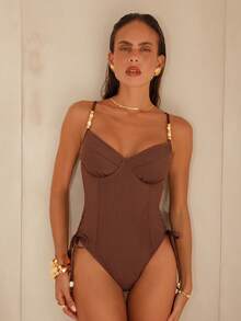 Swim Chiccia Swim Chic Sea-D 女士纯色钢带串珠交叉露背抽绳侧边连体泳衣 - 咖啡棕 - 查看 1