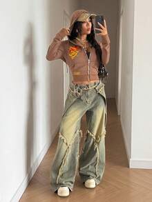 StreetHx 女士拼接毛边阔腿宽松休闲牛仔裤 - 藍色 - 查看 6