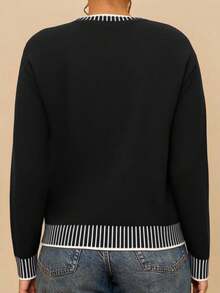 Travachic Plus Size Women Striped Contrast Color Casual Pullover Sweater With Lobster Graphic, Suitable For Holiday, Autumn/Winter - Black - View 7