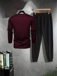 Gym Rark Men's Letter Print Long Sleeve T-Shirt And Drawstring Waist Pants Sports Suit Men 2 Pieces Outfits Gym Clothes Set Sets Athletic Workout Lightweight - Burgundy - View 2