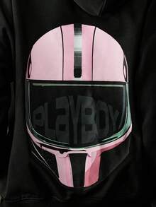 Missguided x Playboy 圖案連帽衫 摩托車頭盔印花復古賽車街頭風寬鬆版冬季設計長袖吸睛連帽衛衣經典90年代美學 - 黑色 - 查看 4