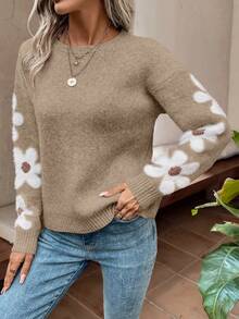 EMERY ROSE Áo len họa tiết hoa thường ngày dành cho nữ, Thu/Đông - Màu Khaki - Xem 3