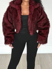 Alexandranx 女式复古时尚前开仿毛领夹克，冬季外套 - 酒紅色 - 查看 4