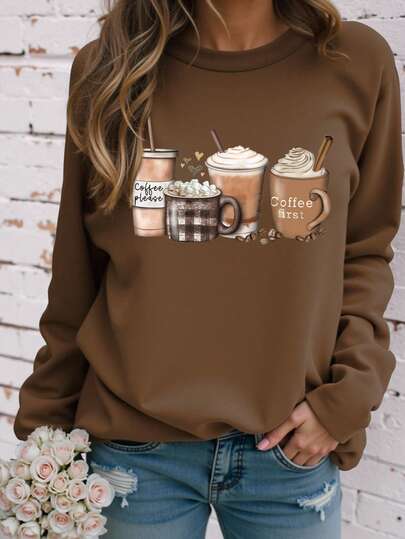 EMERY ROSE 咖啡元素“咖啡系列饮品”印花休闲长袖加大码T恤