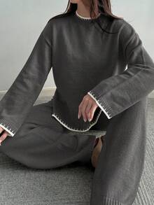 Flirla Women's Casual Everyday Commute Contrast Binding Dropped Shoulder Loose Knit Sweater And Knit Pants 2 Pieces Set, Autumn/Winter - Dark Grey - View 4