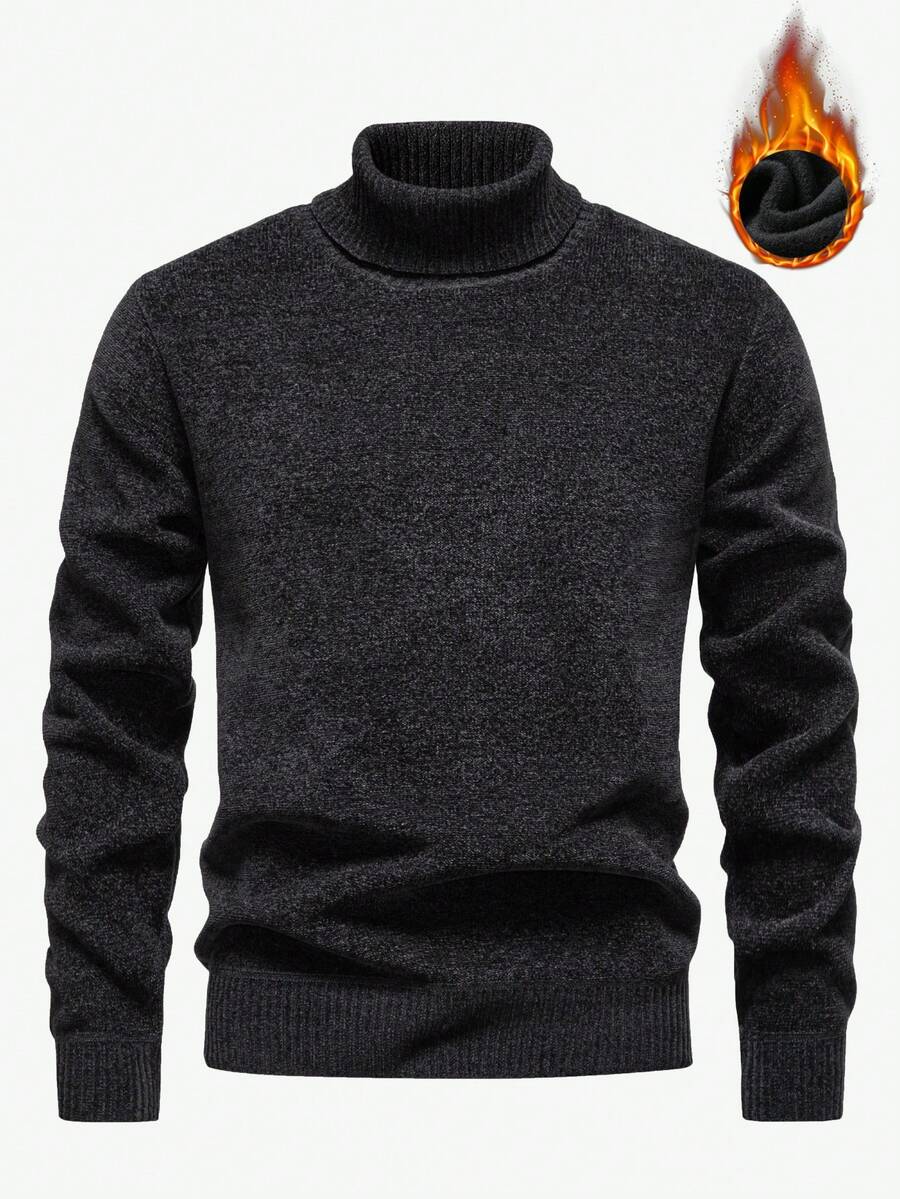 Manfinity Mode 男士纯色高领保暖毛衣，带保暖内衬，高领设计，长袖上衣 - 淺灰色 - 查看 1