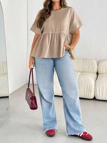 Auralis 大码女装春夏时尚休闲宽松舒适日常百搭修身短袖衬衫，简约风格，凸显曲线，可爱上衣，奶油黄，外出上衣，女士衬衫，欧洲夏季，荷叶边上衣，女士早午餐，商务休闲女装，教师衬衫 - 杏色 - 查看 4