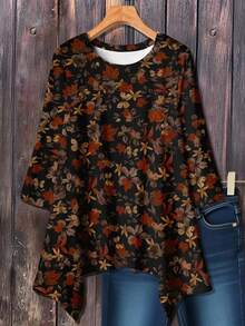EMERY ROSE Kaos Lengan Panjang Longgar Kasual Minimalis Motif Daun Vintage, Cocok untuk Musim Gugur/Musim Dingin, Ukuran Besar - MultiWarna - View 2