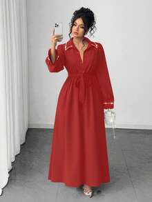 Elenzga 大码优雅通勤连衣裙，配珍珠和水钻装饰 - 紅色 - 查看 1